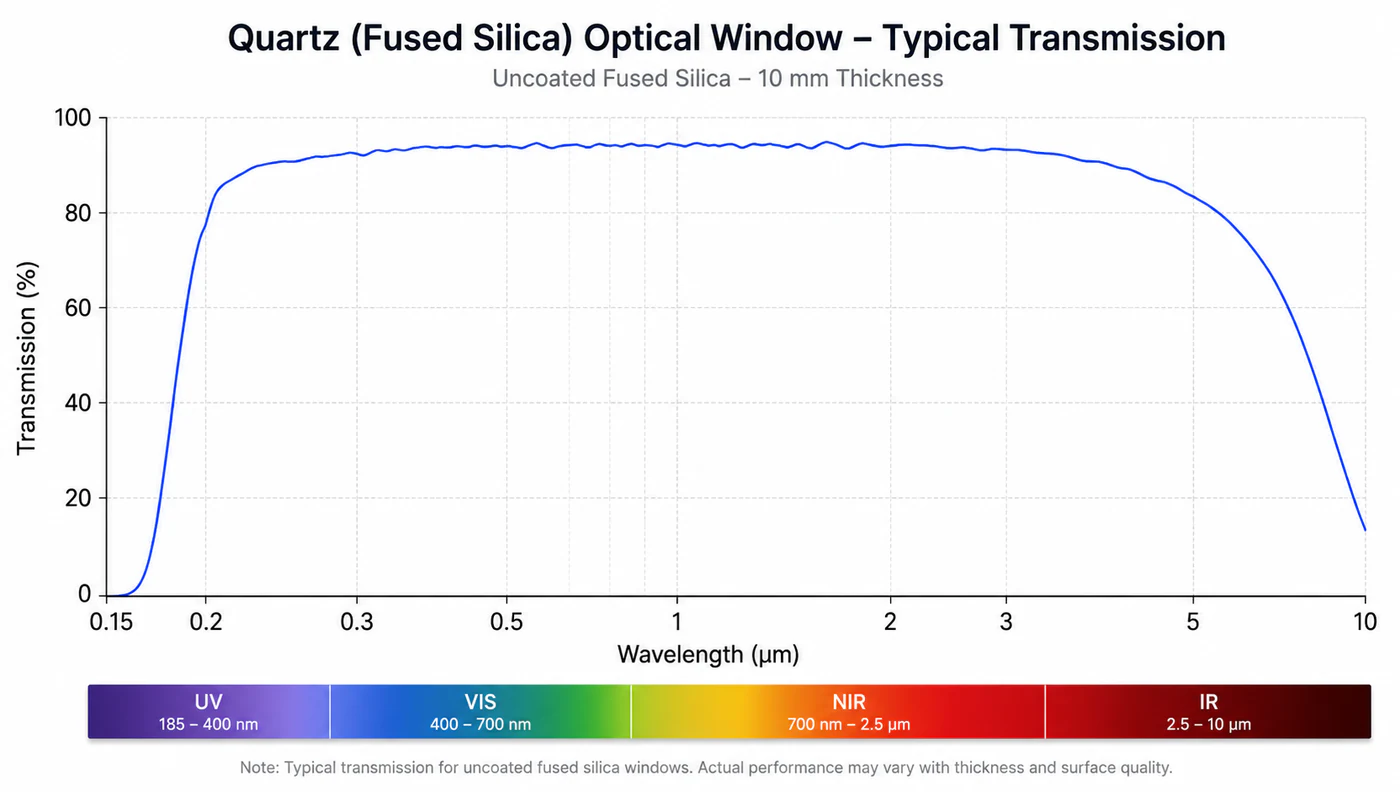 Typical transmission curve for quartz and fused silica optical windows from UV to near-infrared wavelengths