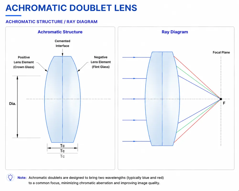 Achromatic Doublet Lens Structure and Ray Diagram