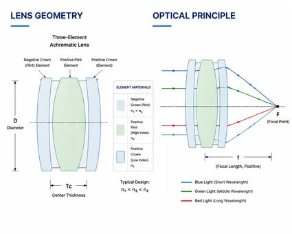 Achromatic Triplet Lens Geometry and Optical Principle