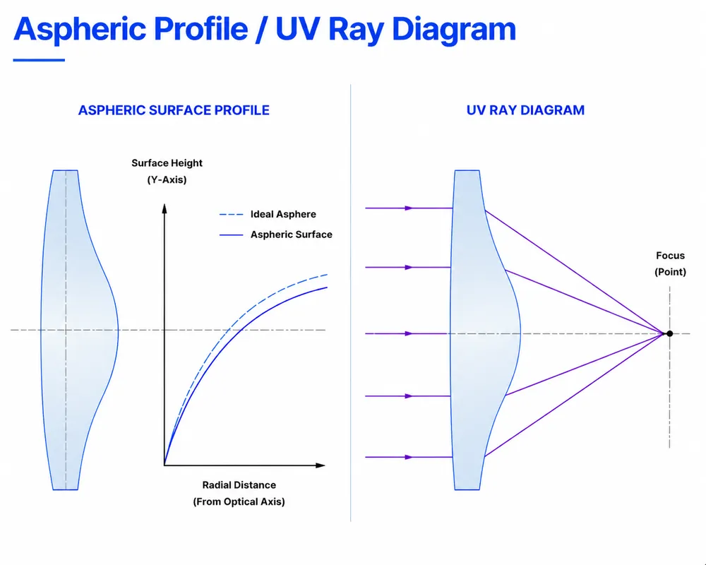 Fused Silica Aspheric Lens Profile and UV Ray Diagram