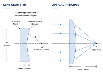 Custom Spherical Lens Geometry and Optical Principle