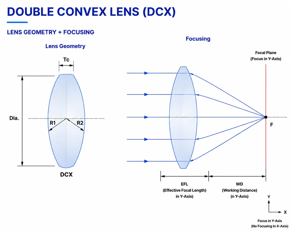 Double Convex Lens (DCX) Geometry and Focusing Diagram