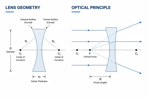 Negative Meniscus Lens Geometry and Optical Principle