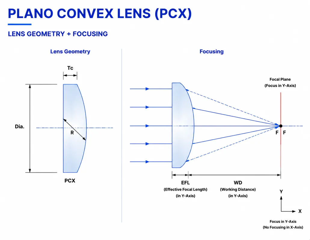 Plano Convex Lens (PCX) geometry and focusing diagram - Chenyu Optics PCX Lens Manufacturer