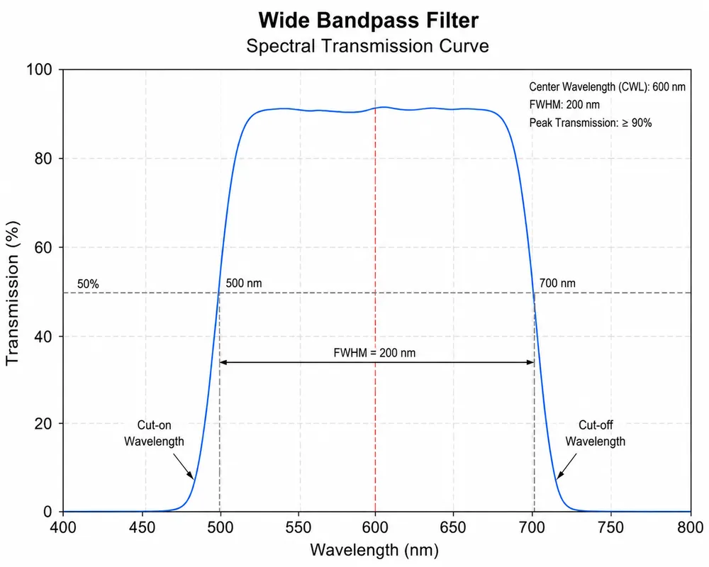 Wide Bandpass Filter Spectral Transmission Curve