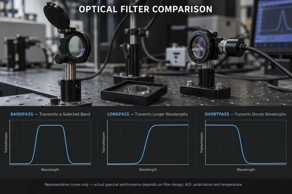 Bandpass, longpass and shortpass optical filter transmission comparison