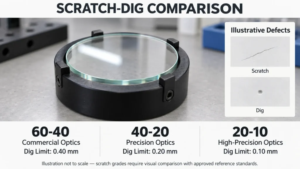 scratch dig comparison for common optical surface quality grades